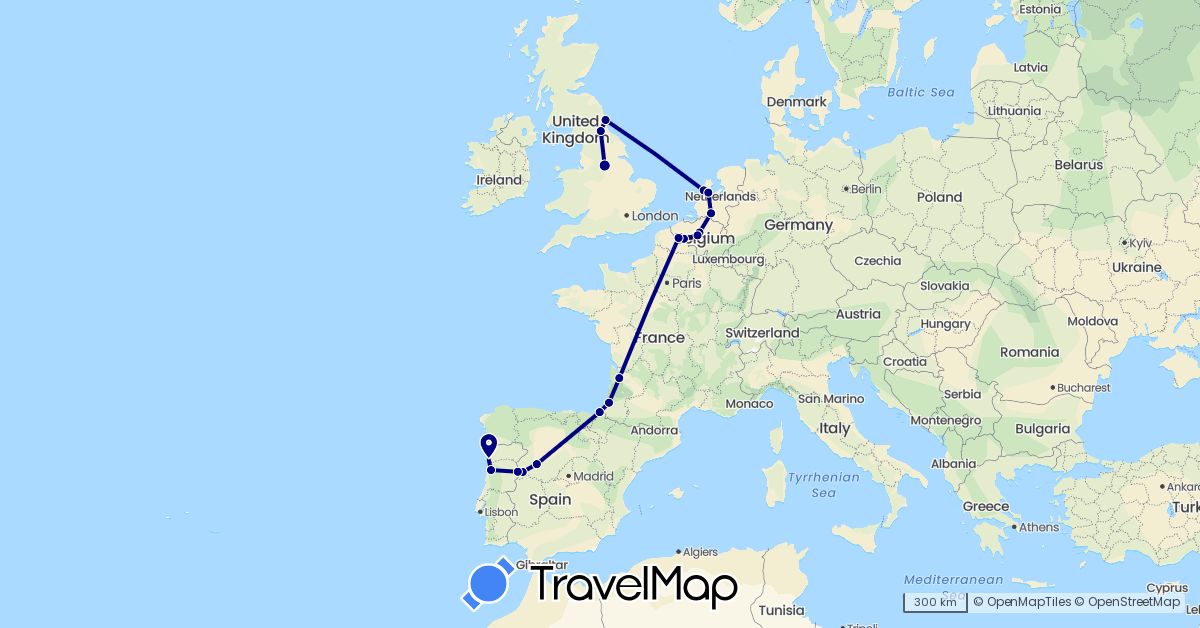 TravelMap itinerary: driving in Belgium, Spain, France, United Kingdom, Netherlands, Portugal (Europe)